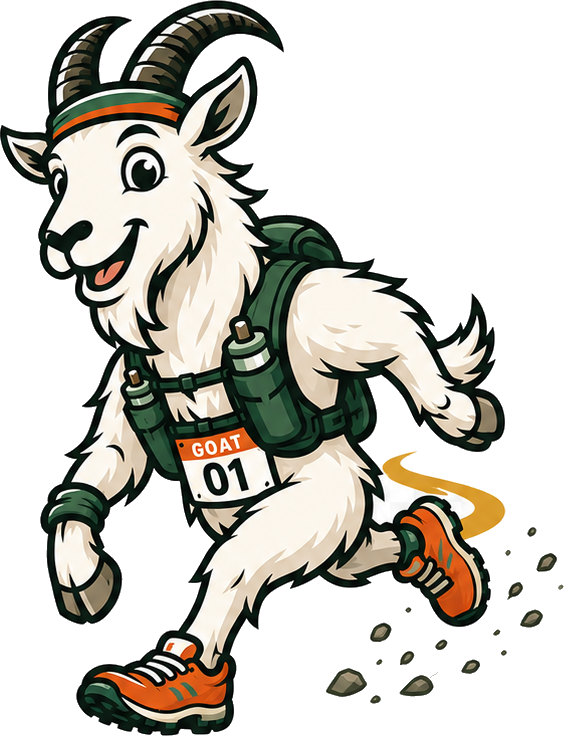 The TrailGoat mascot — a mountain goat running in a hydration vest